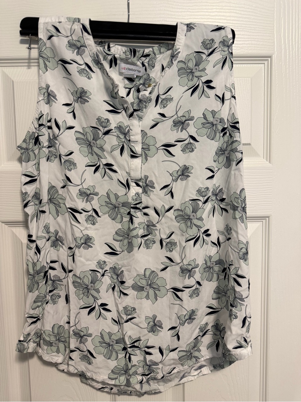 Liz Claiborne White Tank Top with Green and Black Floral Print